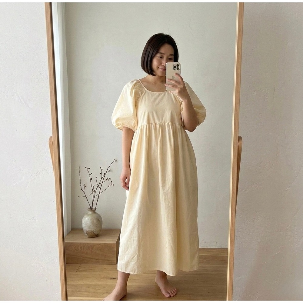 Abitokyo Poplin Balloon Sleeve Midi Dress L/XL Butter Yellow Japanese Minimalist